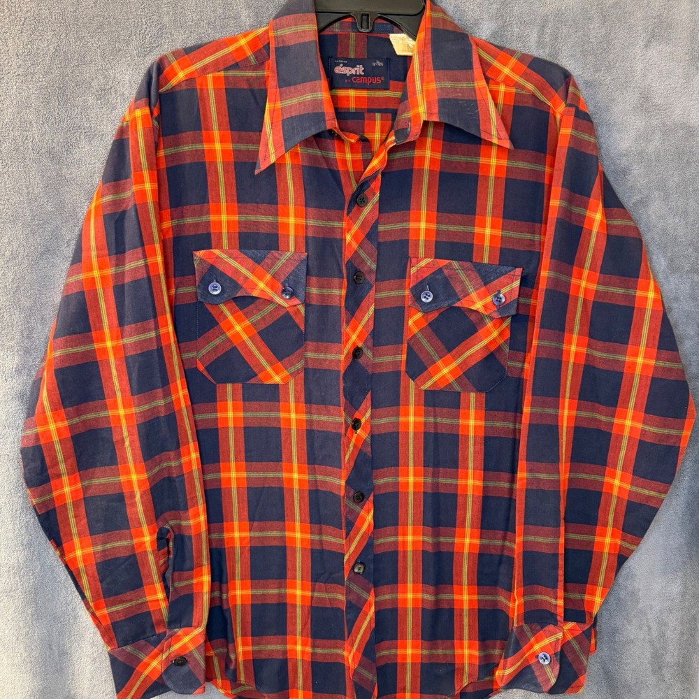 VTG 70s Esprit by Campus Mens L Plaid Button Down Shirt Red Navy Tapered